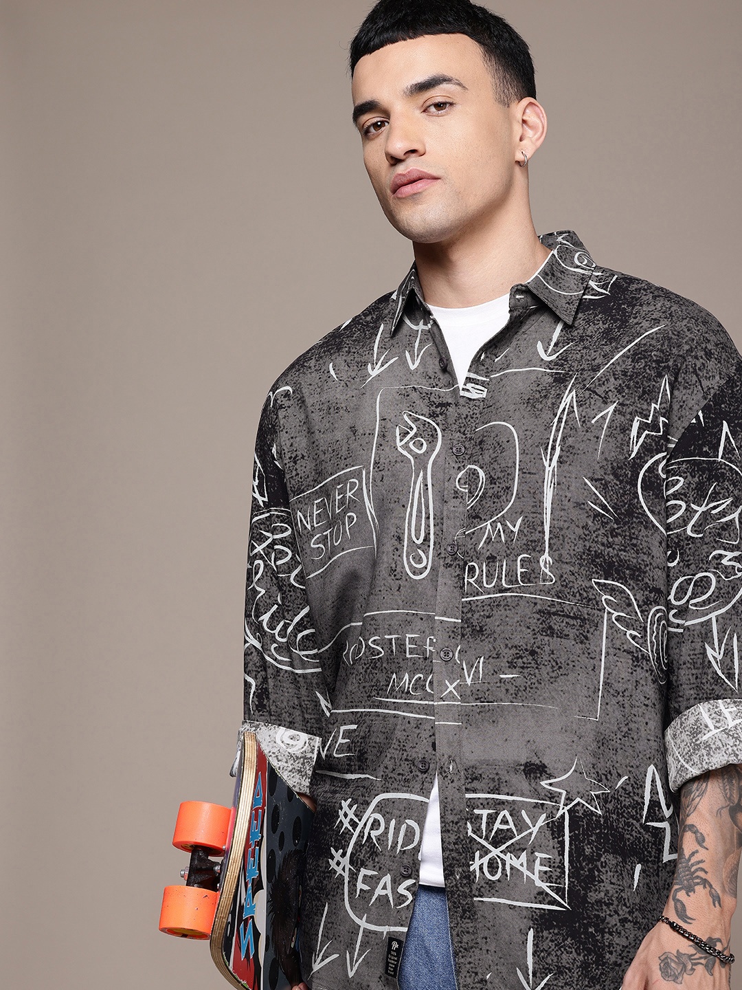 

The Roadster Life Co. Drop-Shoulder Sleeves Relaxed Fit Typography Printed Casual Shirt, Grey