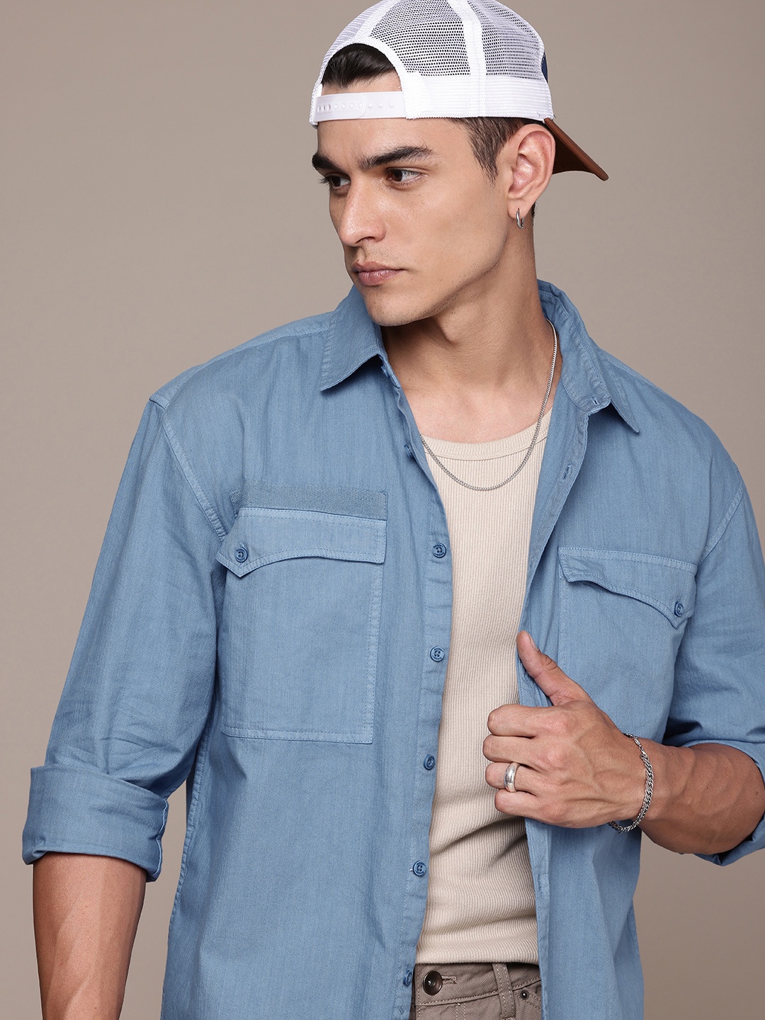 

The Roadster Life Co. Boxy Fit Drop-Shoulder Sleeves Pure Cotton Casual Shirt, Blue