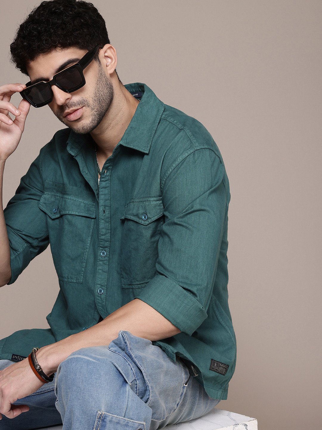

The Roadster Life Co. Boxy Fit Drop-Shoulder Sleeves Pure Cotton Casual Shirt, Green