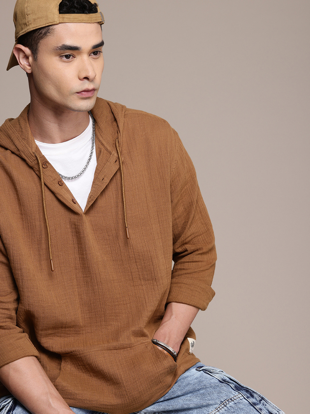 

The Roadster Life Co. Relaxed Fit Drop-Shoulder Sleeves Hooded Pure Cotton Casual Shirt, Camel brown