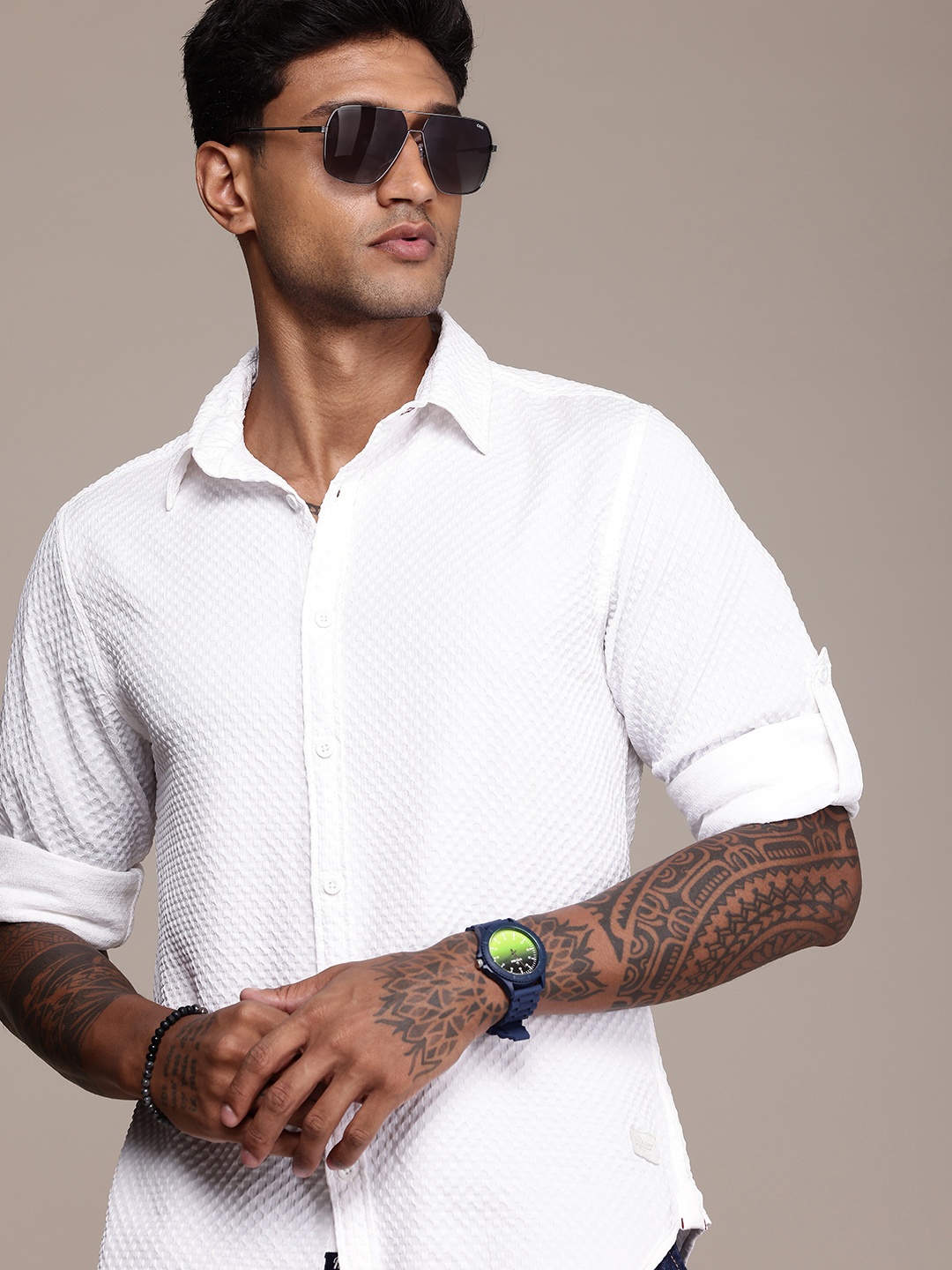 

The Roadster Life Co. Self Design Textured Casual Shirt, White