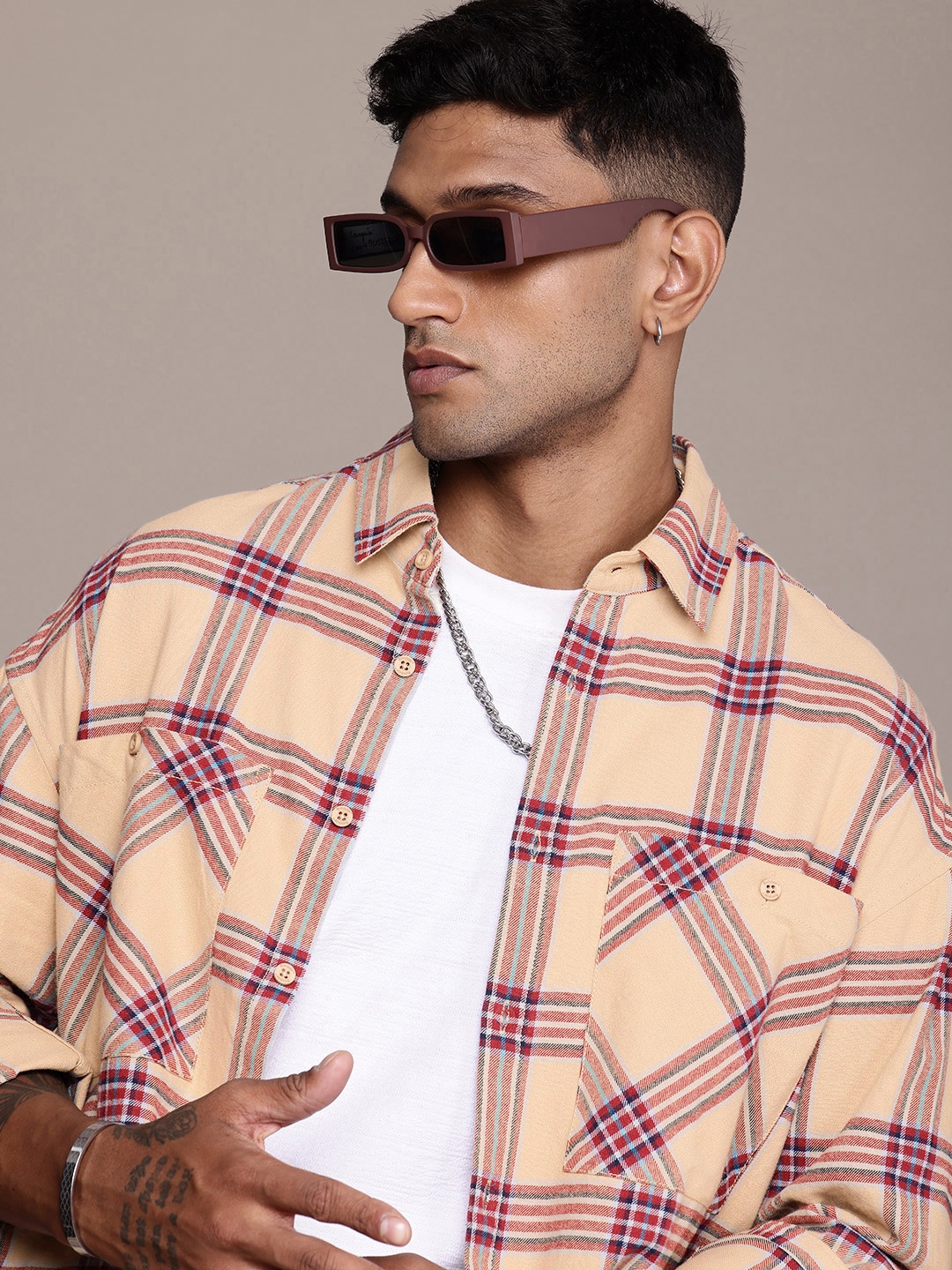 

The Roadster Life Co. Opaque Checked Pure Cotton Casual Shacket, Camel brown