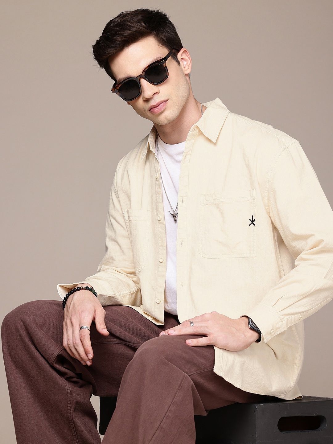 

The Roadster Life Co. Pure Cotton Relaxed Fit Solid Casual Shirt, Cream