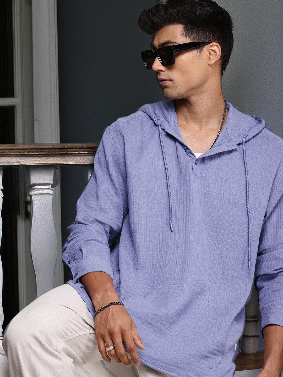 

The Roadster Life Co. Pure Cotton Hooded Opaque Relaxed Fit Casual Shirt, Blue