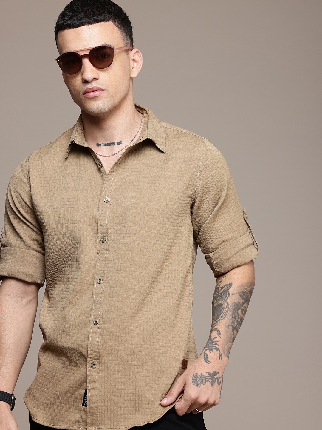 

The Roadster Life Co. Self-Design Checked Roll-Up Sleeves Casual Shirt, Olive