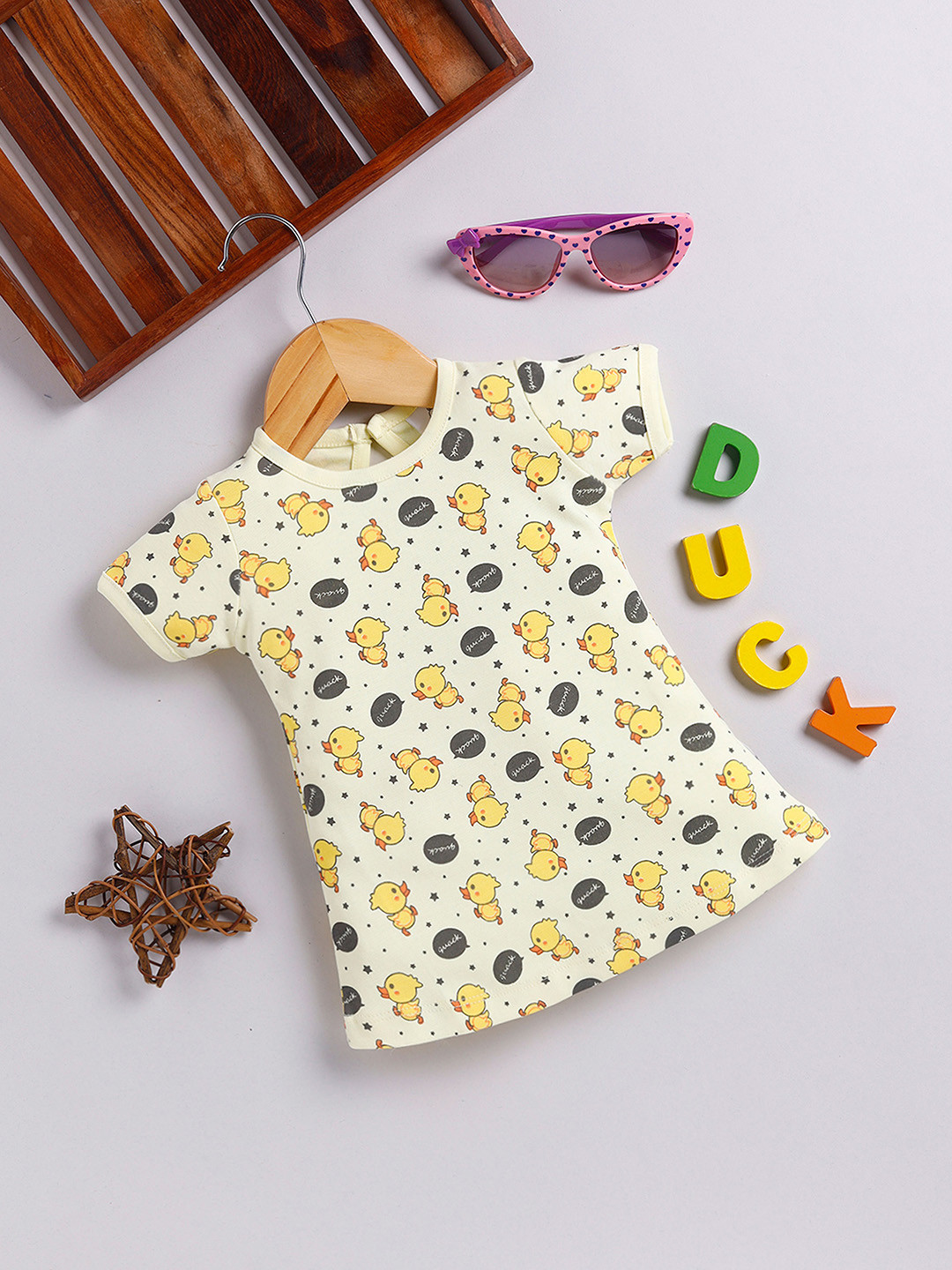 

YK X Tinyo Infant Girls Graphic Printed Pure Cotton A-Line Dress, Yellow