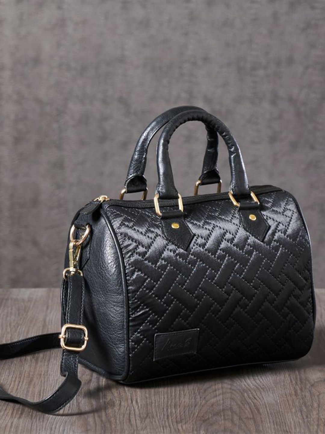 

Mona B Textured Structured Handheld Bag with Quilted, Black
