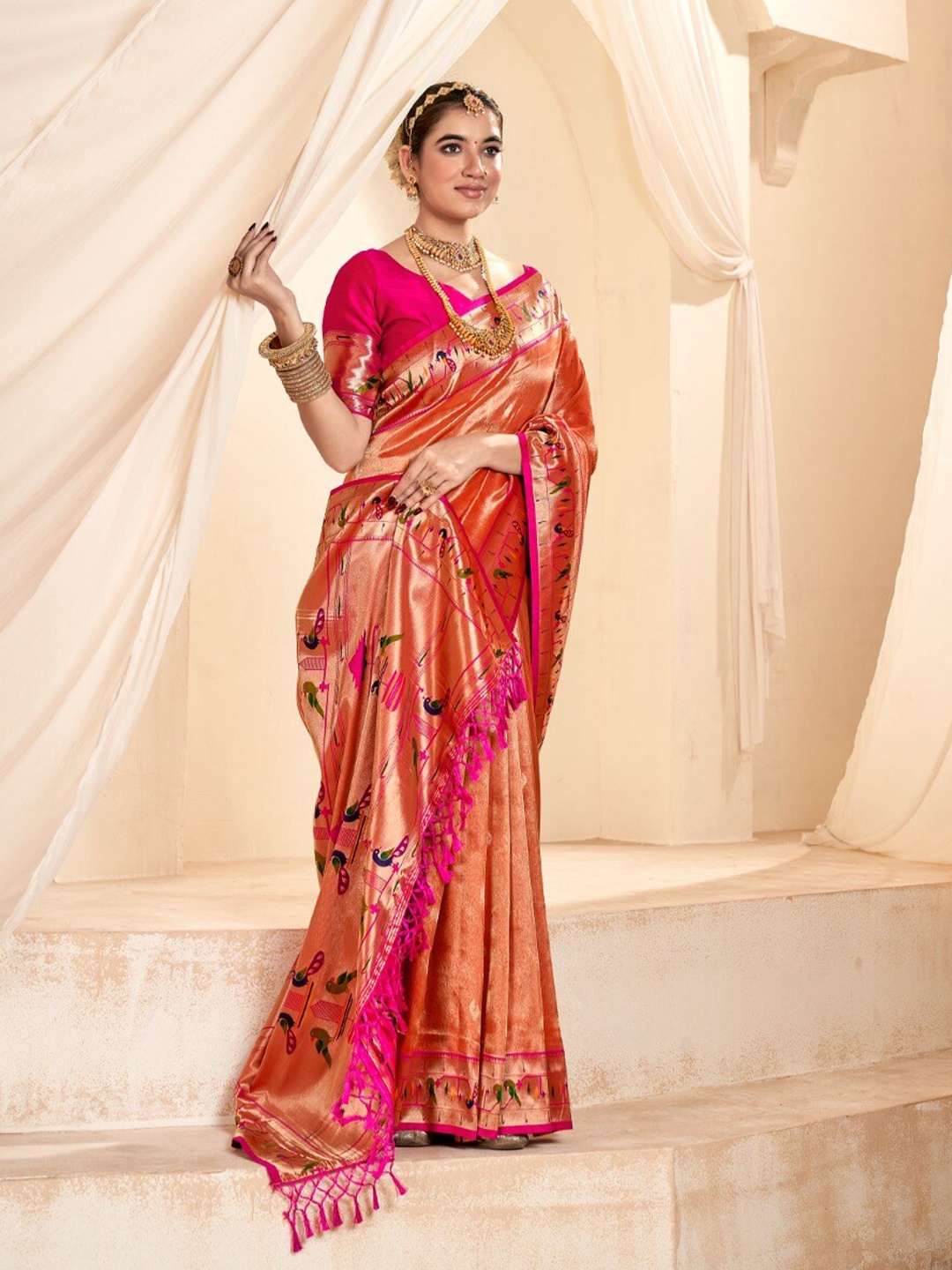 

KIMISHA Woven Design Zari Silk Blend Paithani Saree, Orange