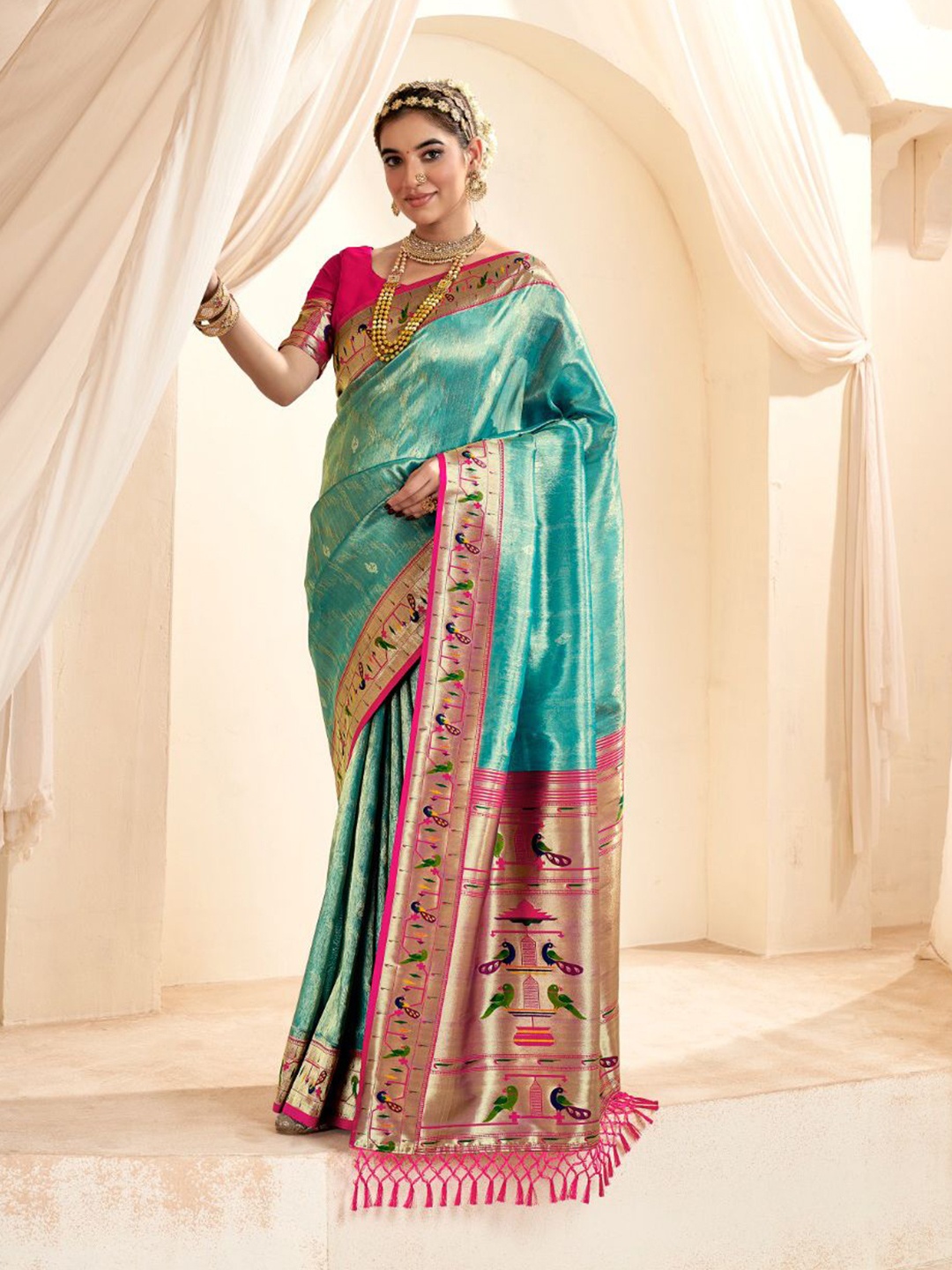

KIMISHA Woven Design Zari Silk Blend Paithani Saree, Turquoise blue