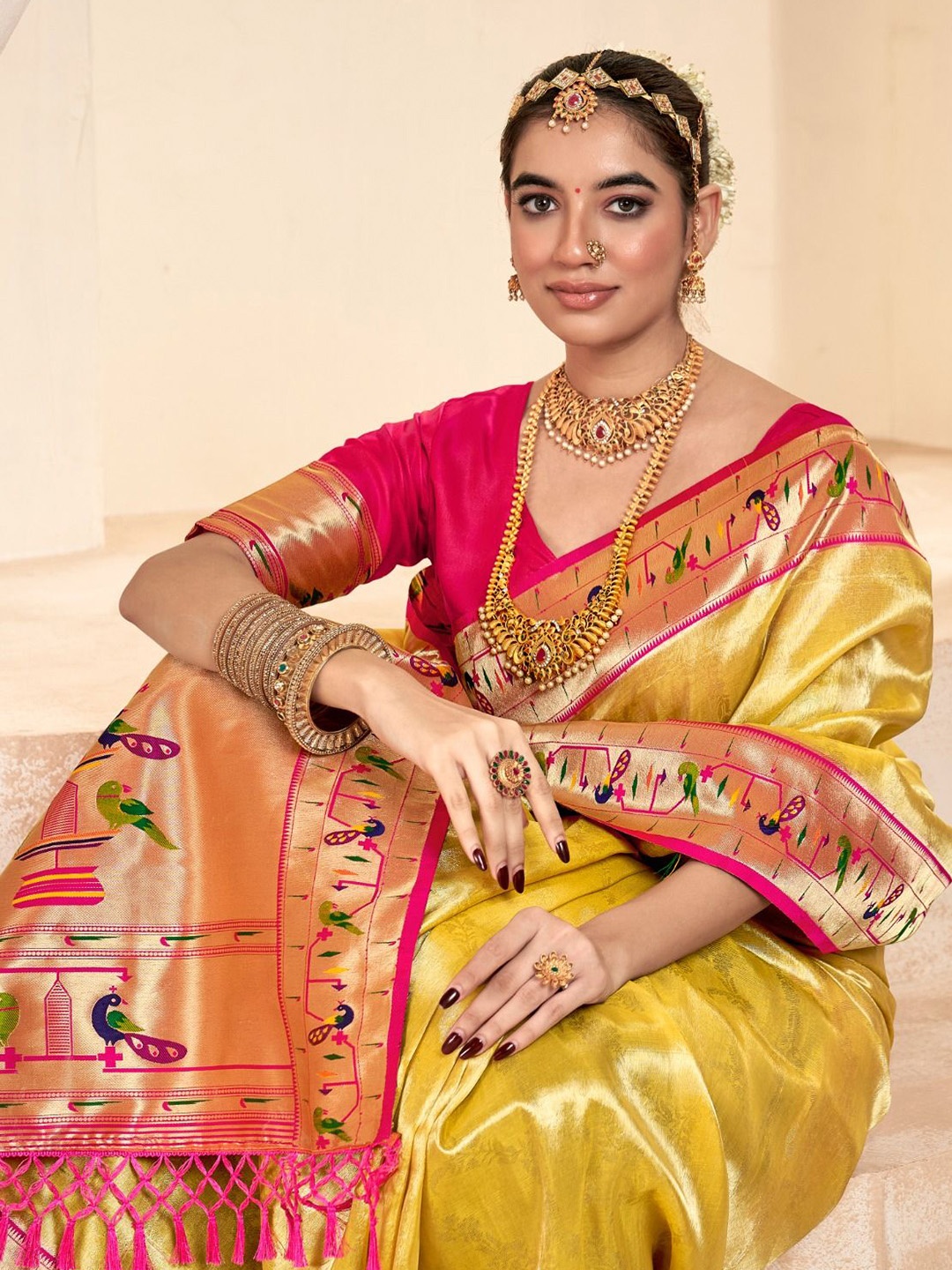 

KIMISHA Woven Design Zari Silk Blend Paithani Saree, Yellow