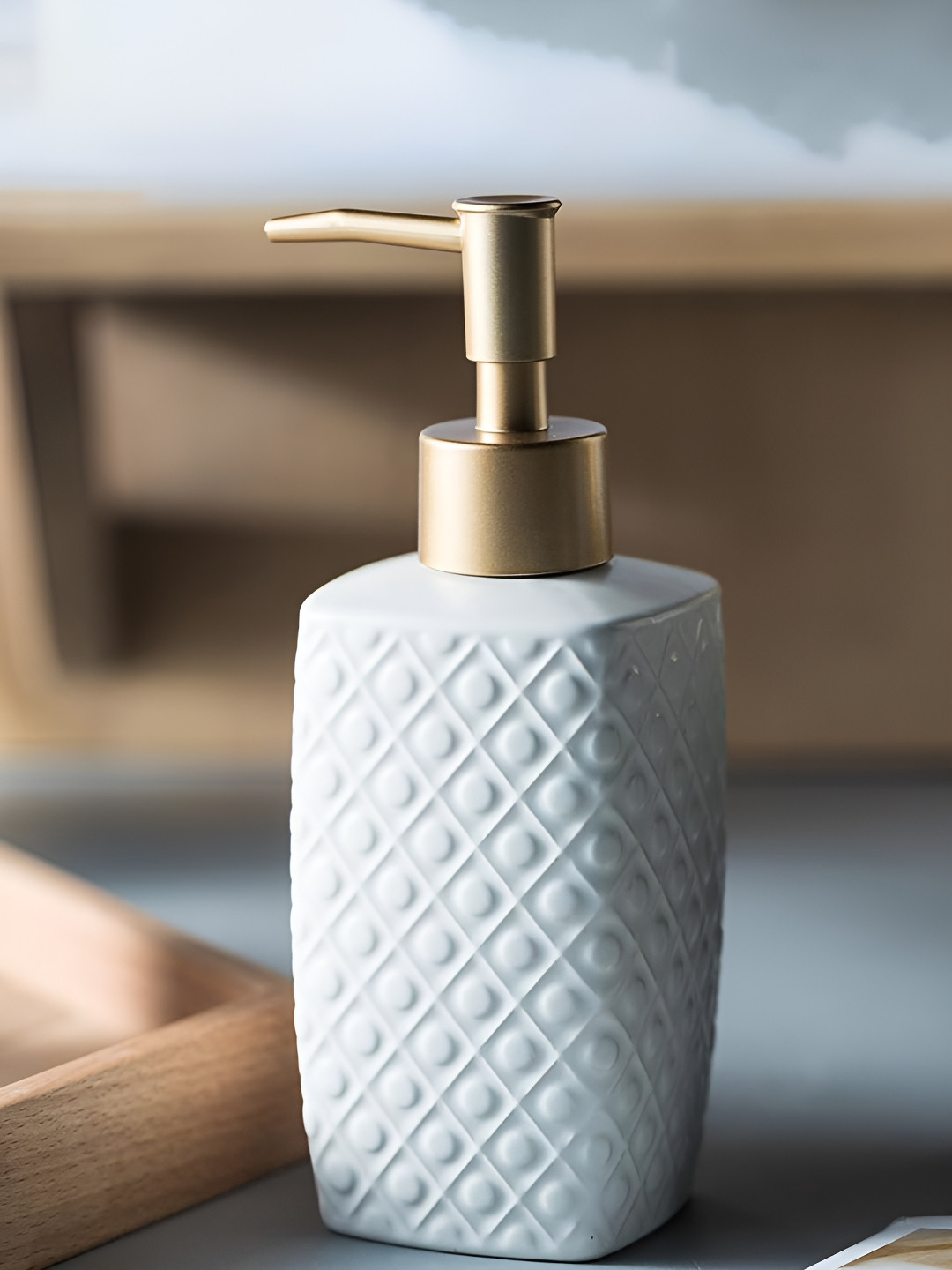 

Kuber Industries White & Gold-Toned Solid Ceramic Soap Dispenser