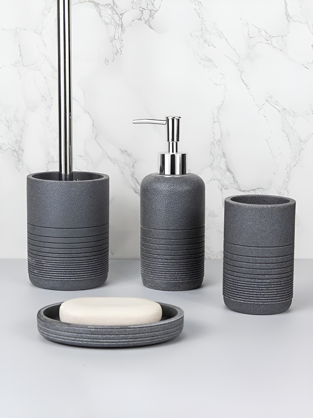 

Kuber Industries Grey & Silver-Toned 4 piece Solid Resin Soap Dispenser