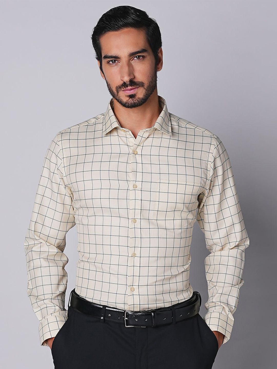 

Oxemberg Men Slim Fit Opaque Checked Formal Shirt, Yellow