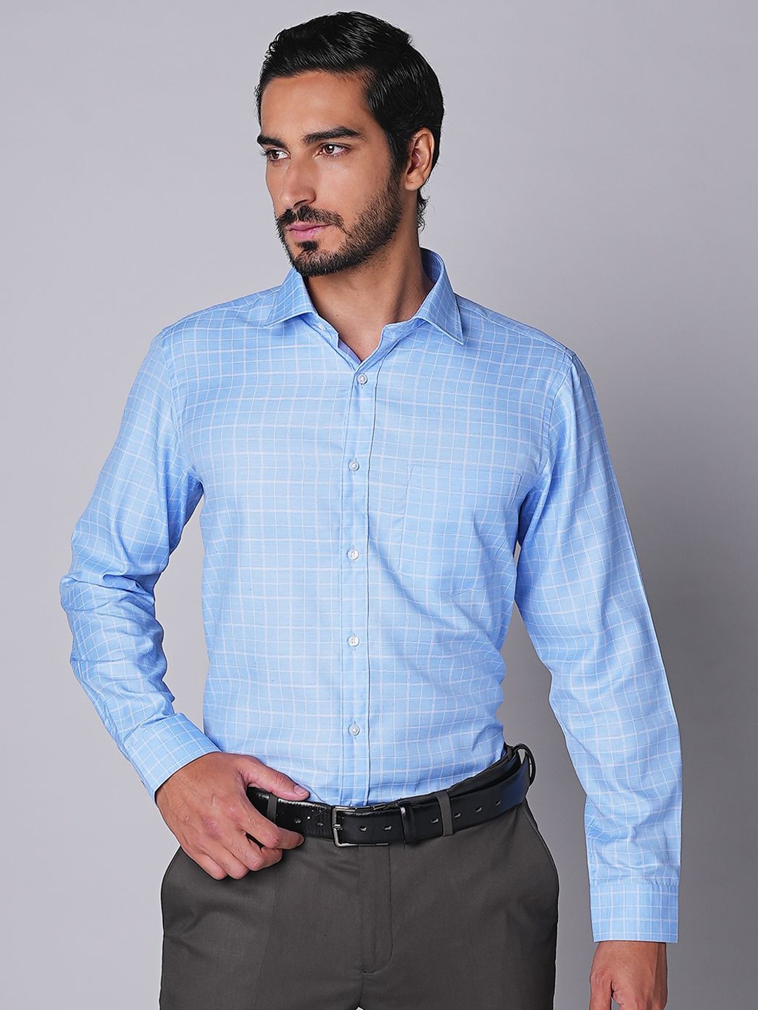 

Oxemberg Men Slim Fit Opaque Checked Formal Shirt, Blue