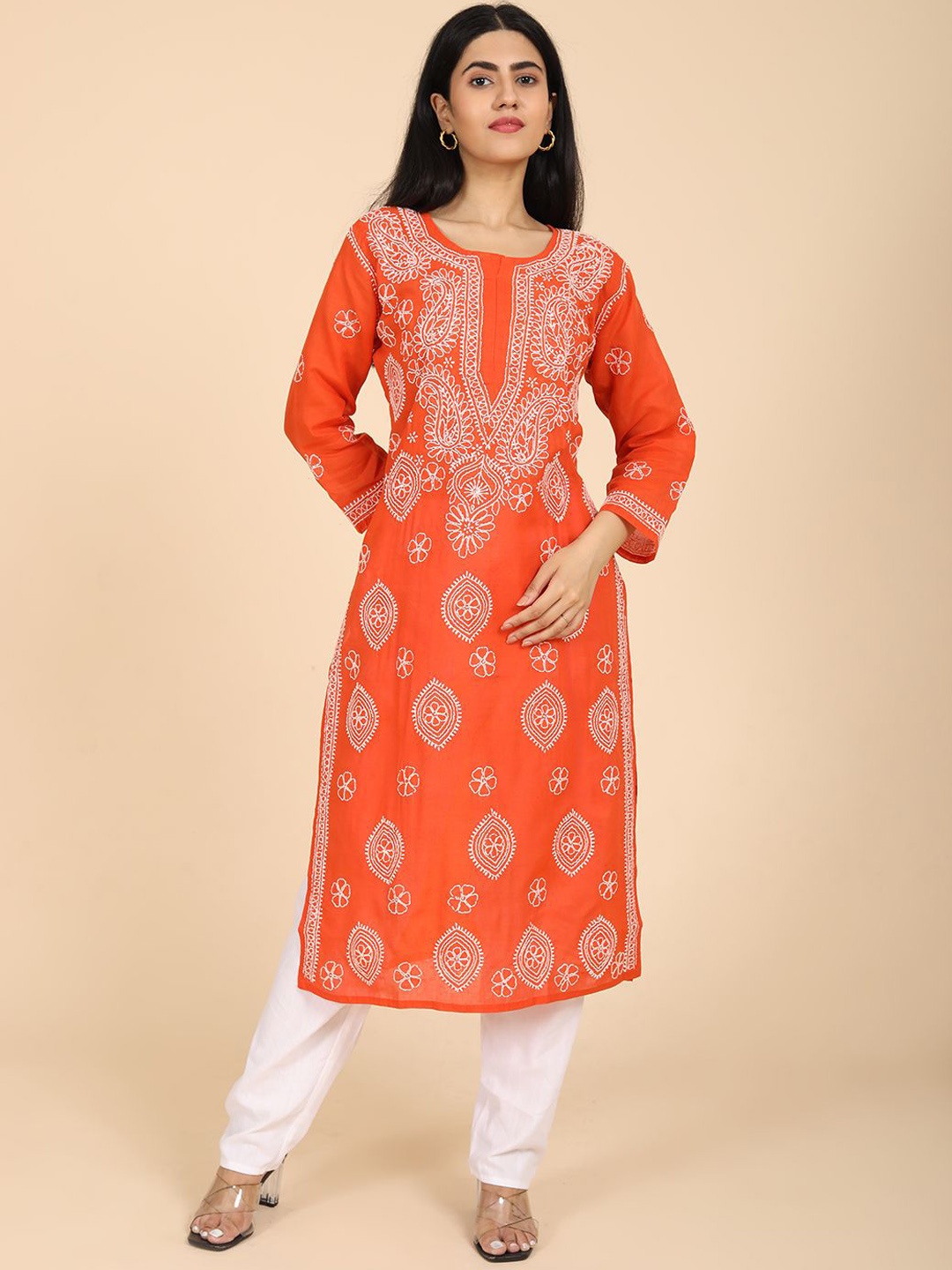 

HELLA FASHIONS Women Ethnic Motifs Printed Flared Sleeves Thread Work Kurta, Orange