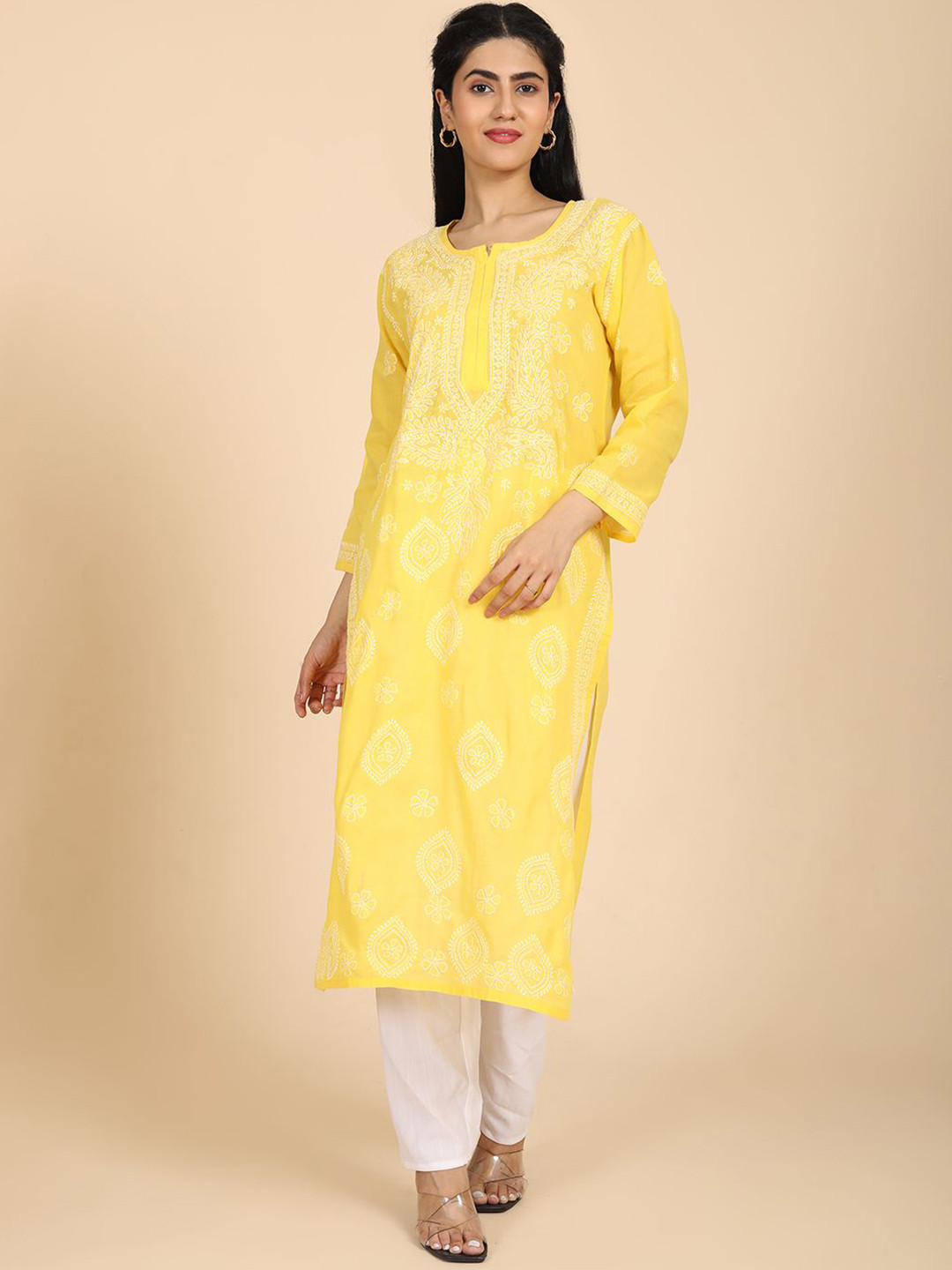 

HELLA FASHIONS Women Ethnic Motifs Flared Sleeves Chikankari Kurta, Yellow