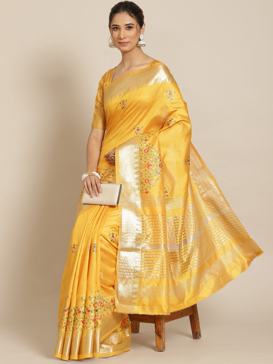 

KAVINDI Woven Design Zari Silk Cotton Saree, Yellow