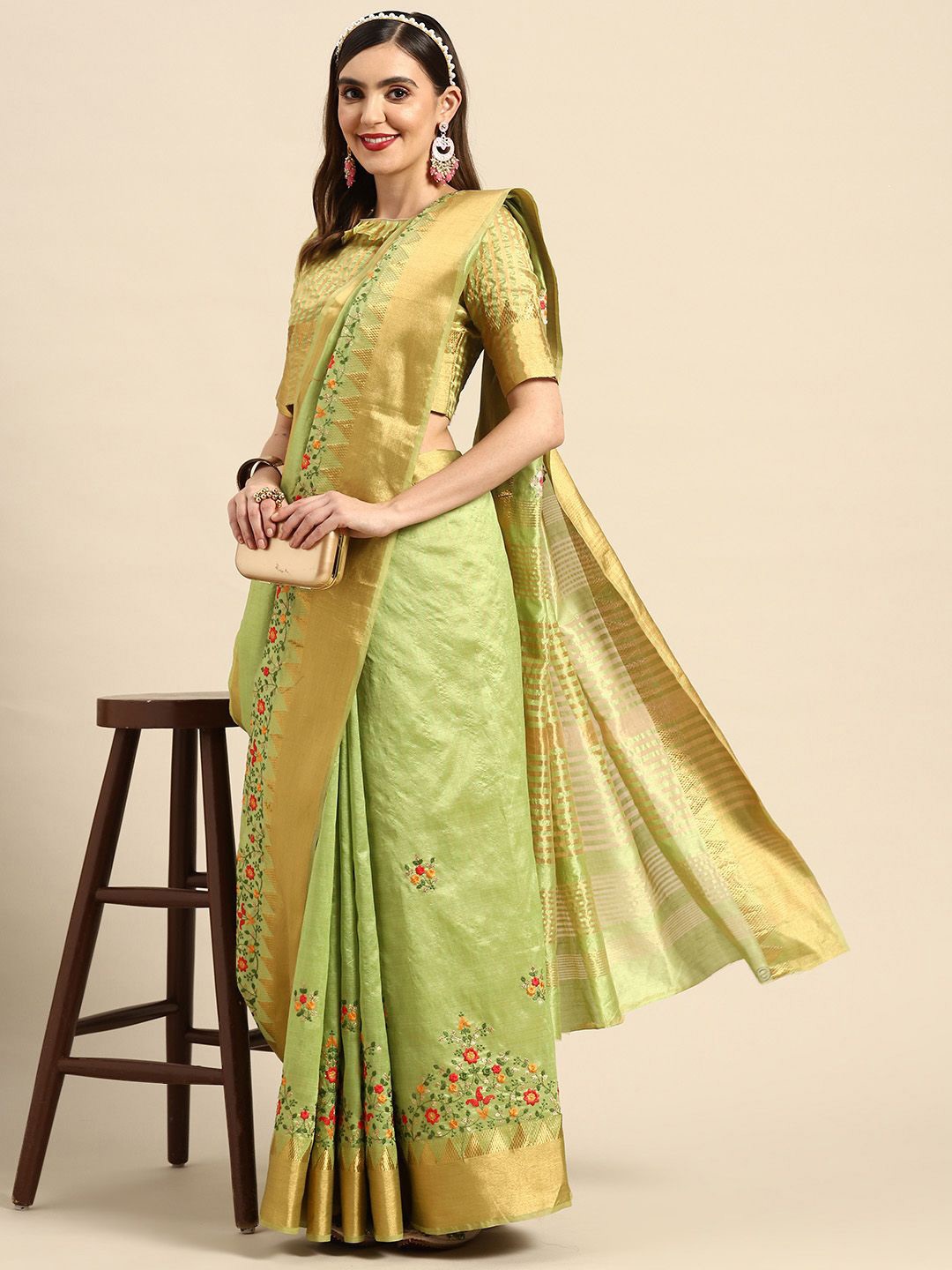 

KAVINDI Floral Embroidered Silk Cotton Saree, Lime green