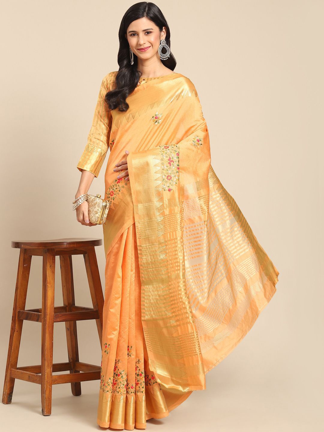 

KAVINDI Floral Zari Silk Cotton Saree, Orange
