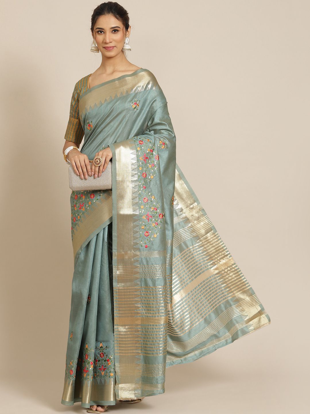 

KAVINDI Floral Zari Silk Cotton Saree, Sea green