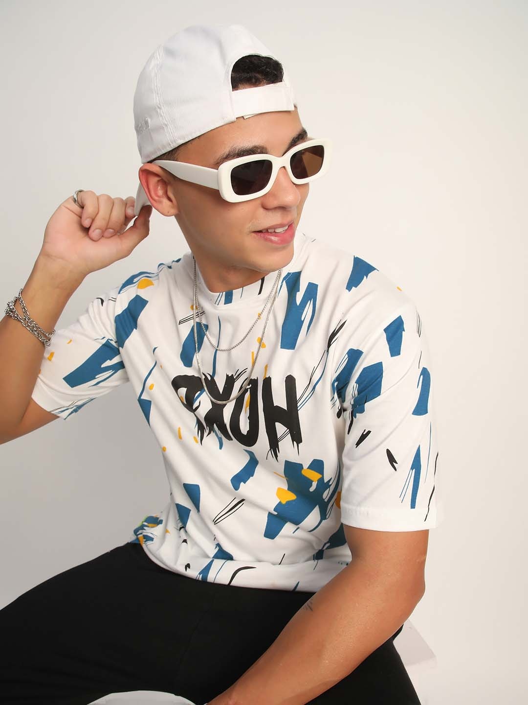 THALASI Men Printed Oversized T-shirt, White