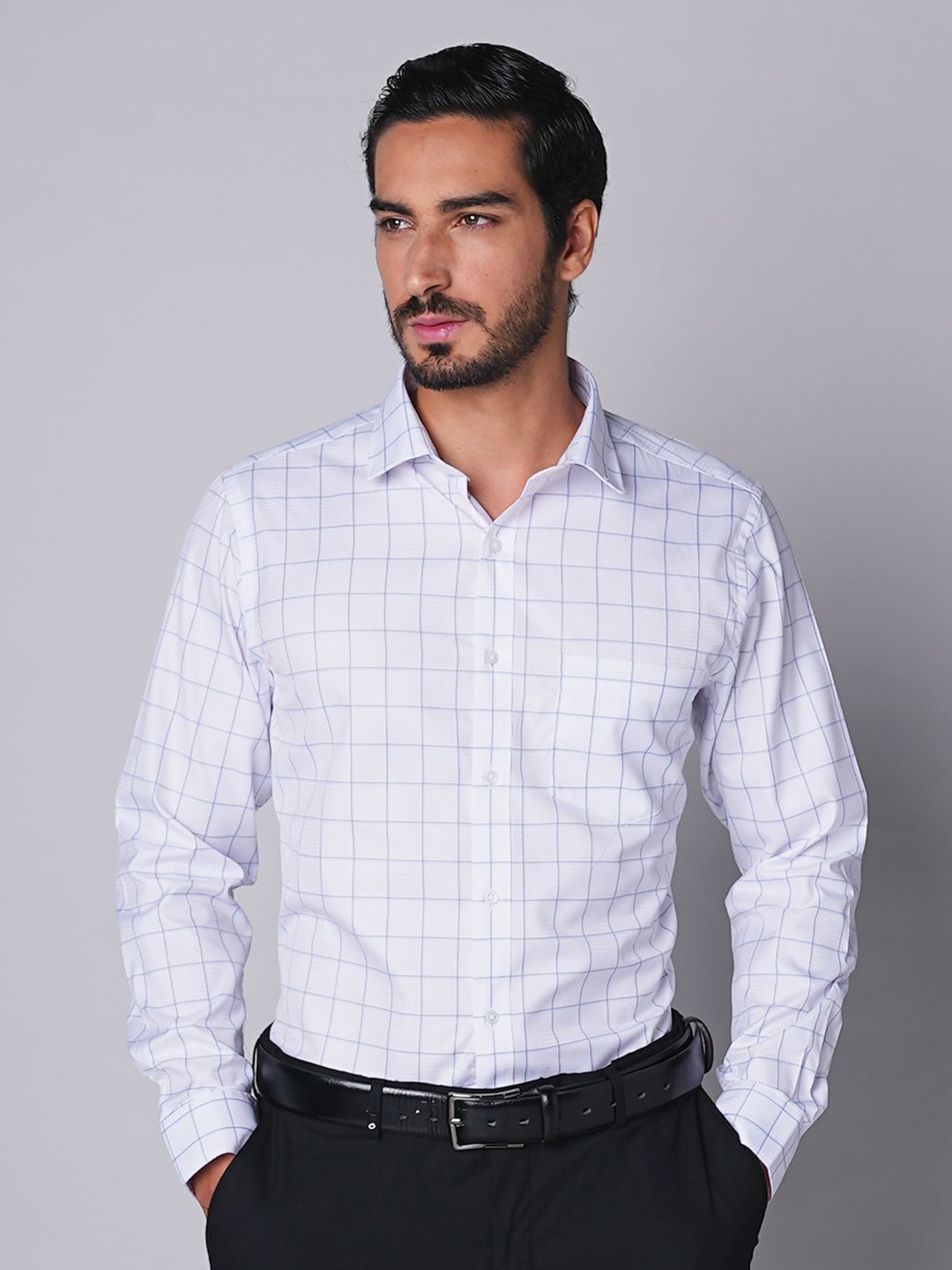 

Oxemberg Men Slim Fit Windowpane Checks Opaque Checked Formal Shirt, White