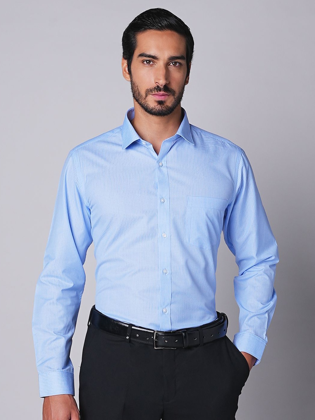 

Oxemberg Men Slim Fit Micro Checks Opaque Checked Formal Shirt, Blue