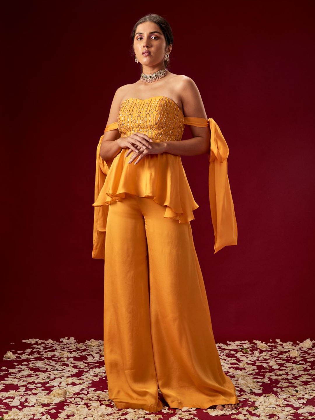 

Masumi Mewawalla Off-Shoulder Flared Sleeve Satin Maxi Dress, Yellow