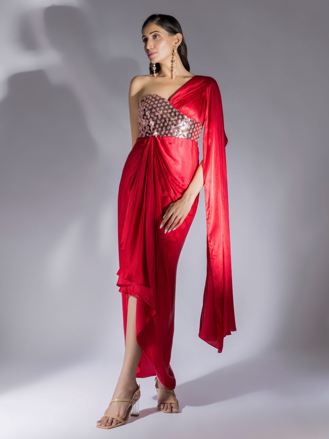 

Masumi Mewawalla Slit Sleeve Satin Sheath Midi Dress, Red