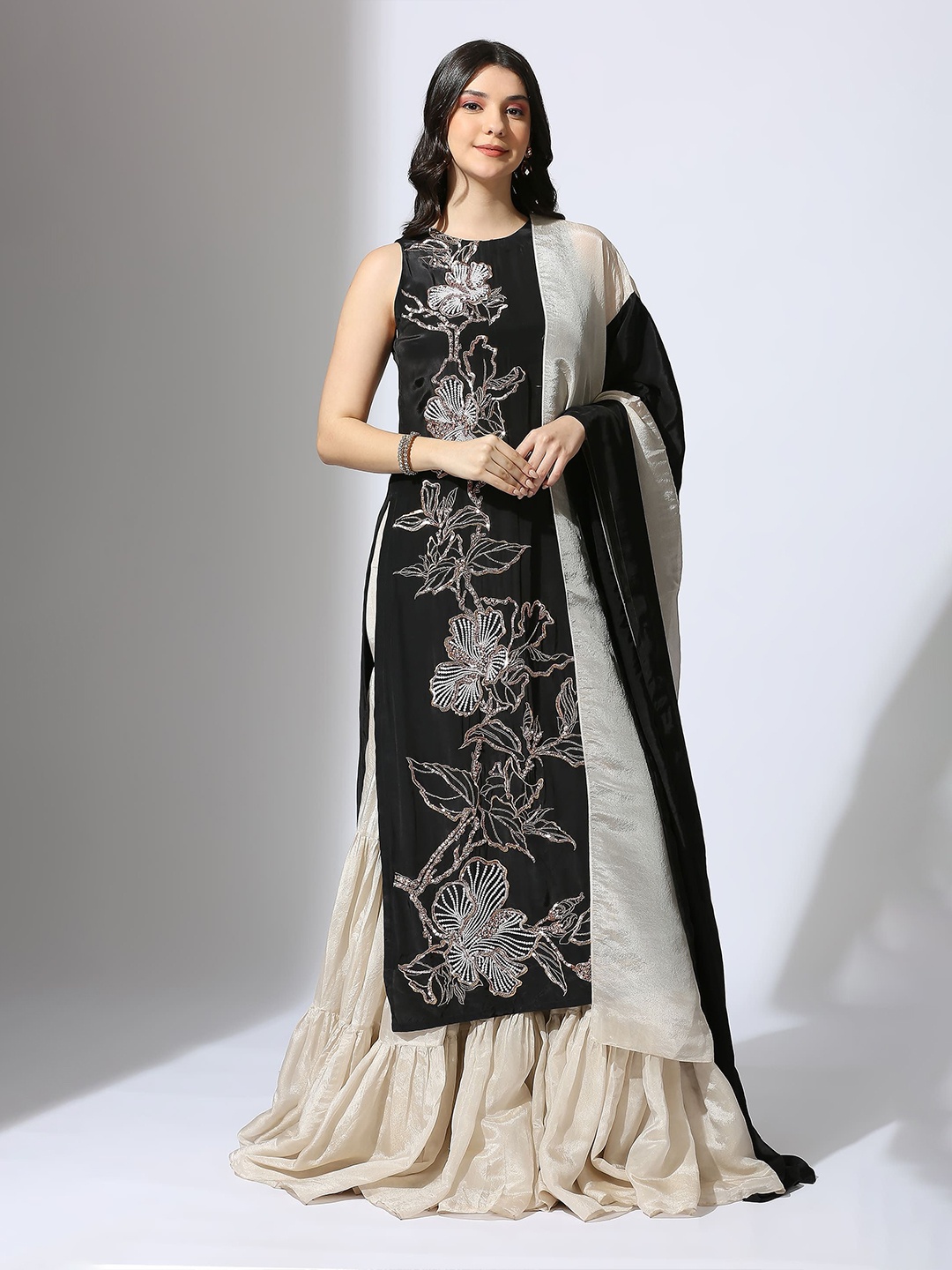 

Masumi Mewawalla Floral Print Cold-Shoulder Satin A-Line Dress, Black