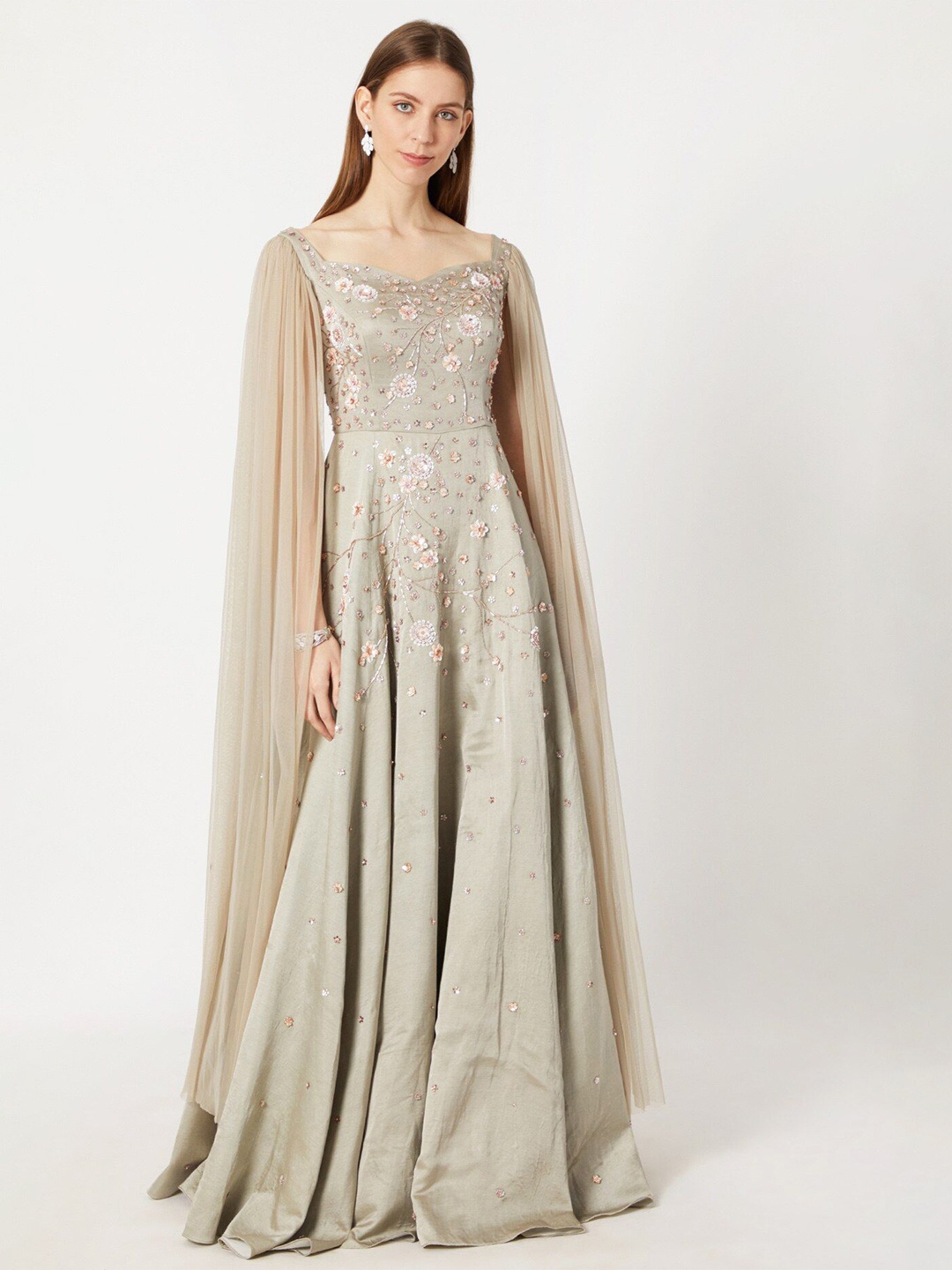 

Masumi Mewawalla Embellished Cape Sleeve Satin Maxi Dress, Green