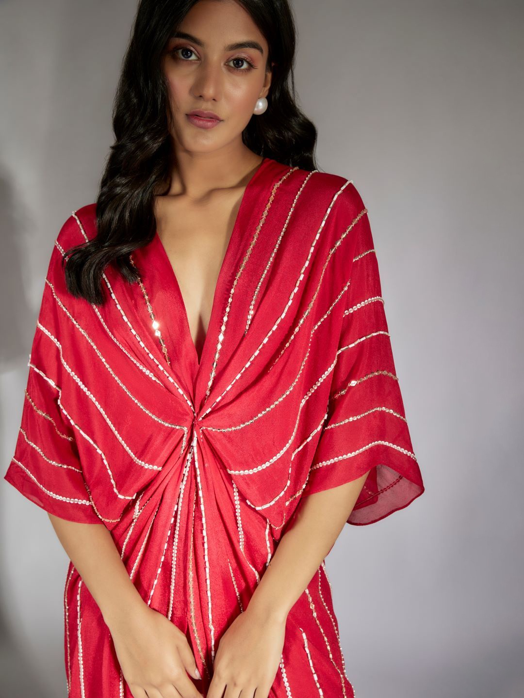 

Masumi Mewawalla Striped Sequined Kimono Sleeve Satin Kaftan Dress, Red