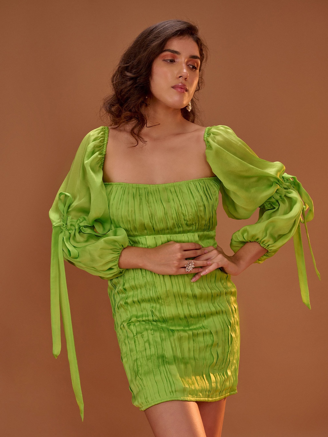 

Masumi Mewawalla Tropical Print Puff Sleeve Satin Sheath Dress, Green