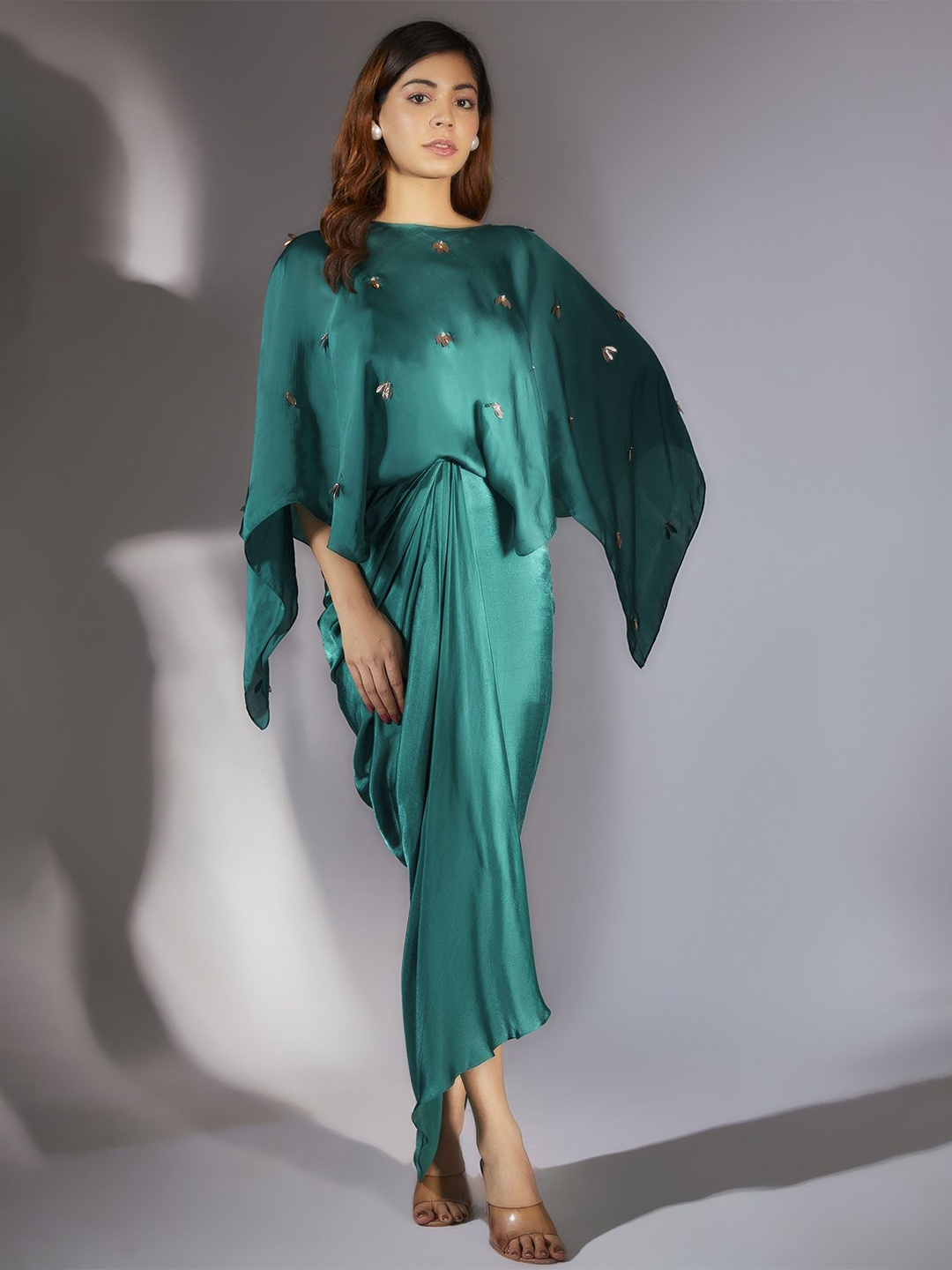 

Masumi Mewawalla Cape Sleeve Satin Kaftan Maxi Dress, Green