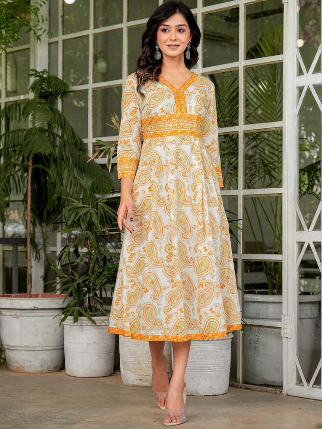 

KALINI Women Ethnic Motifs Printed Keyhole Neck Mirror Work Anarkali Kurta, Yellow