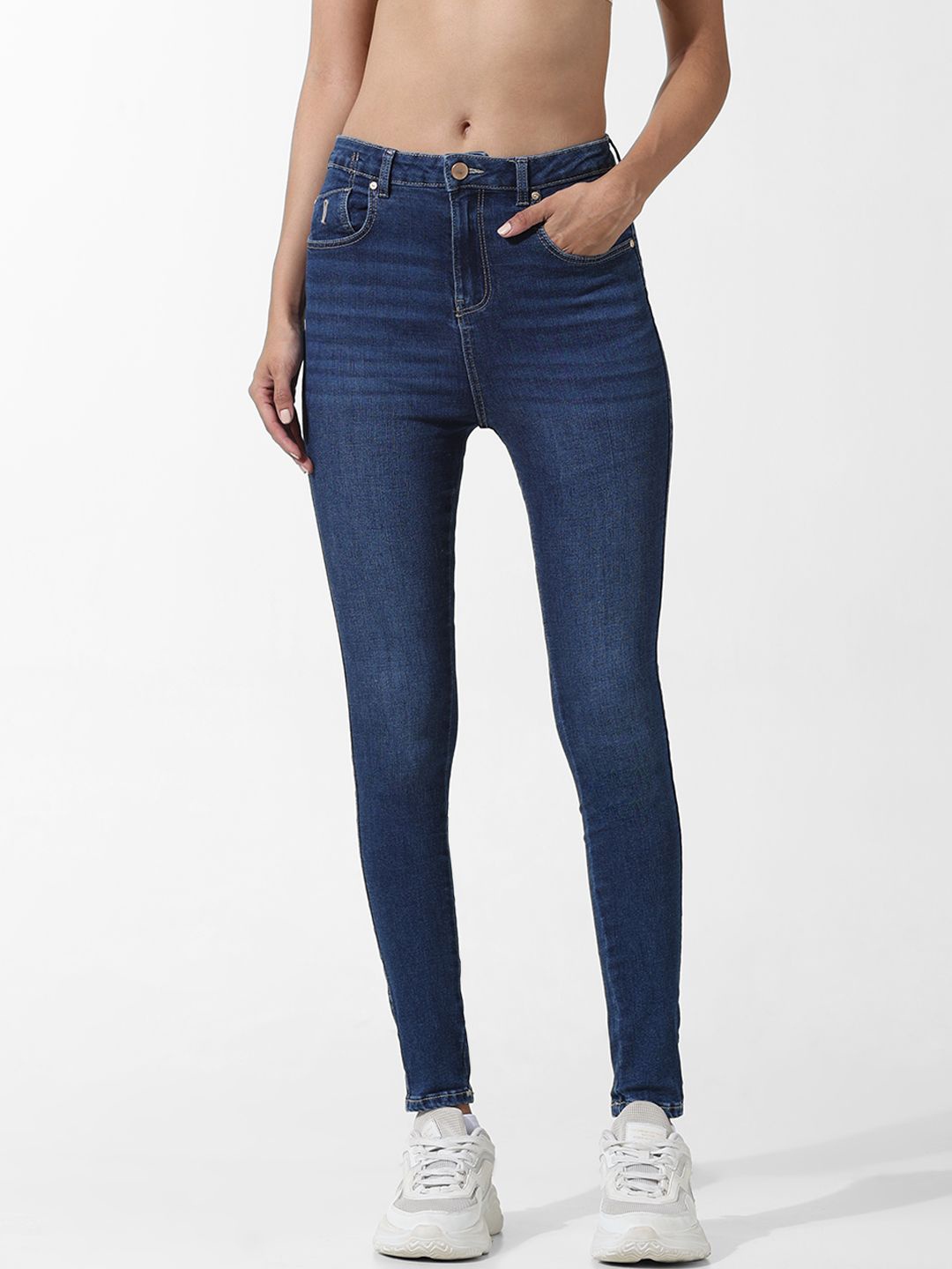 

ONLY Women Skinny Fit High-Rise Low Distress Light Fade Stretchable Jeans, Blue