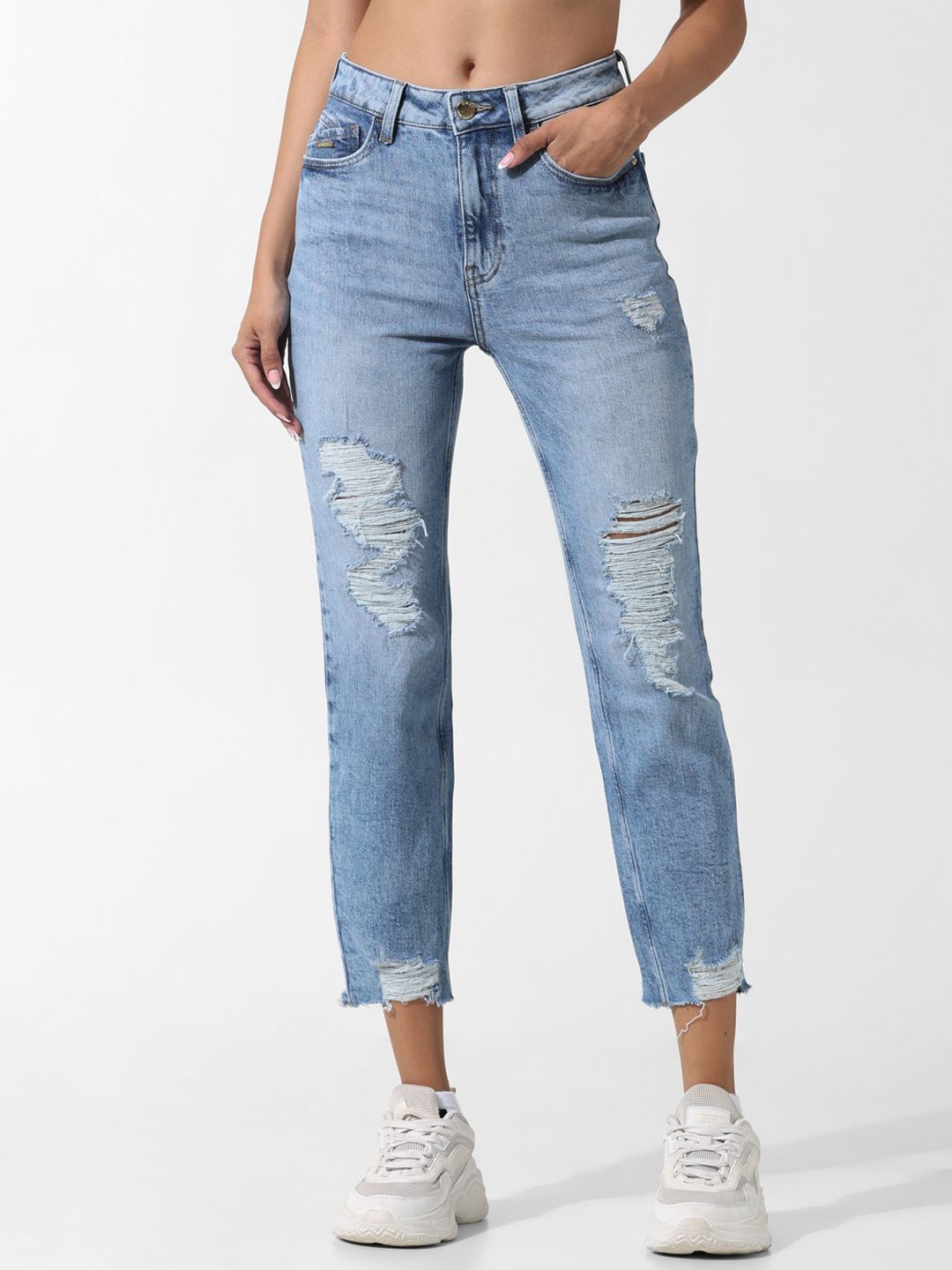 

ONLY Women Skinny Fit High-Rise Highly Distressed Heavy Fade Stretchable Jeans, Blue