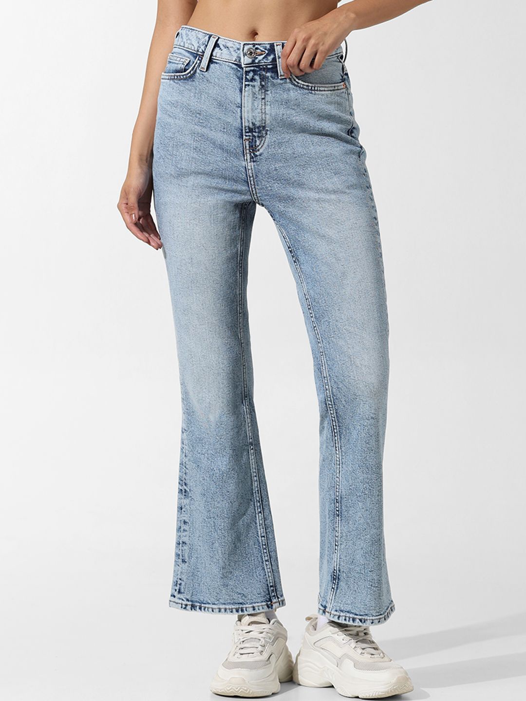 

ONLY Women Flared High-Rise Highly Distressed Heavy Fade Stretchable Jeans, Blue