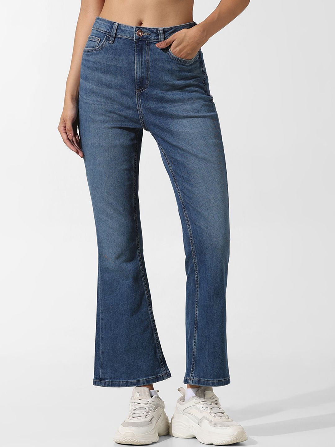 

ONLY Women Flared High-Rise Low Distress Heavy Fade Stretchable Jeans, Blue