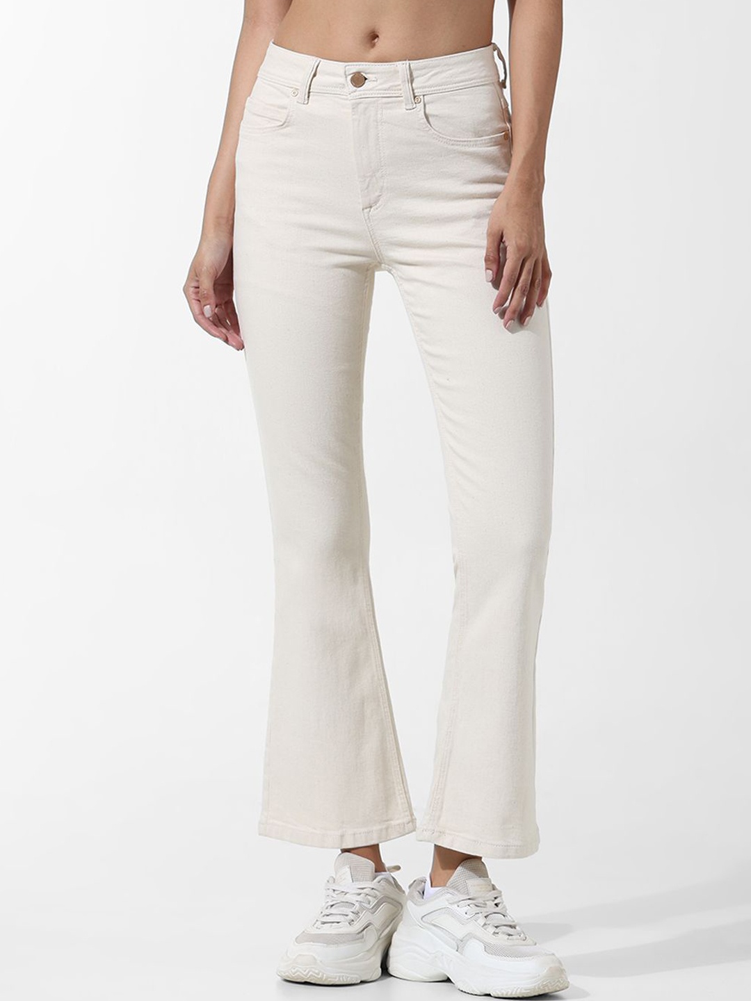

ONLY Women Flared Highly Distressed Stretchable Jeans, Cream