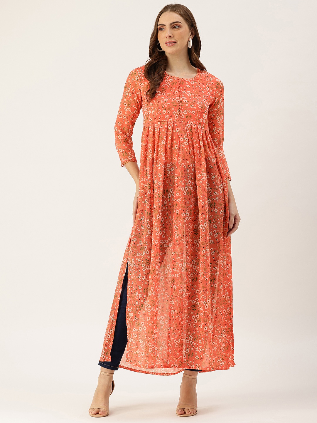 

ROVING MODE Floral Print Georgette Maxi Longline Top, Orange