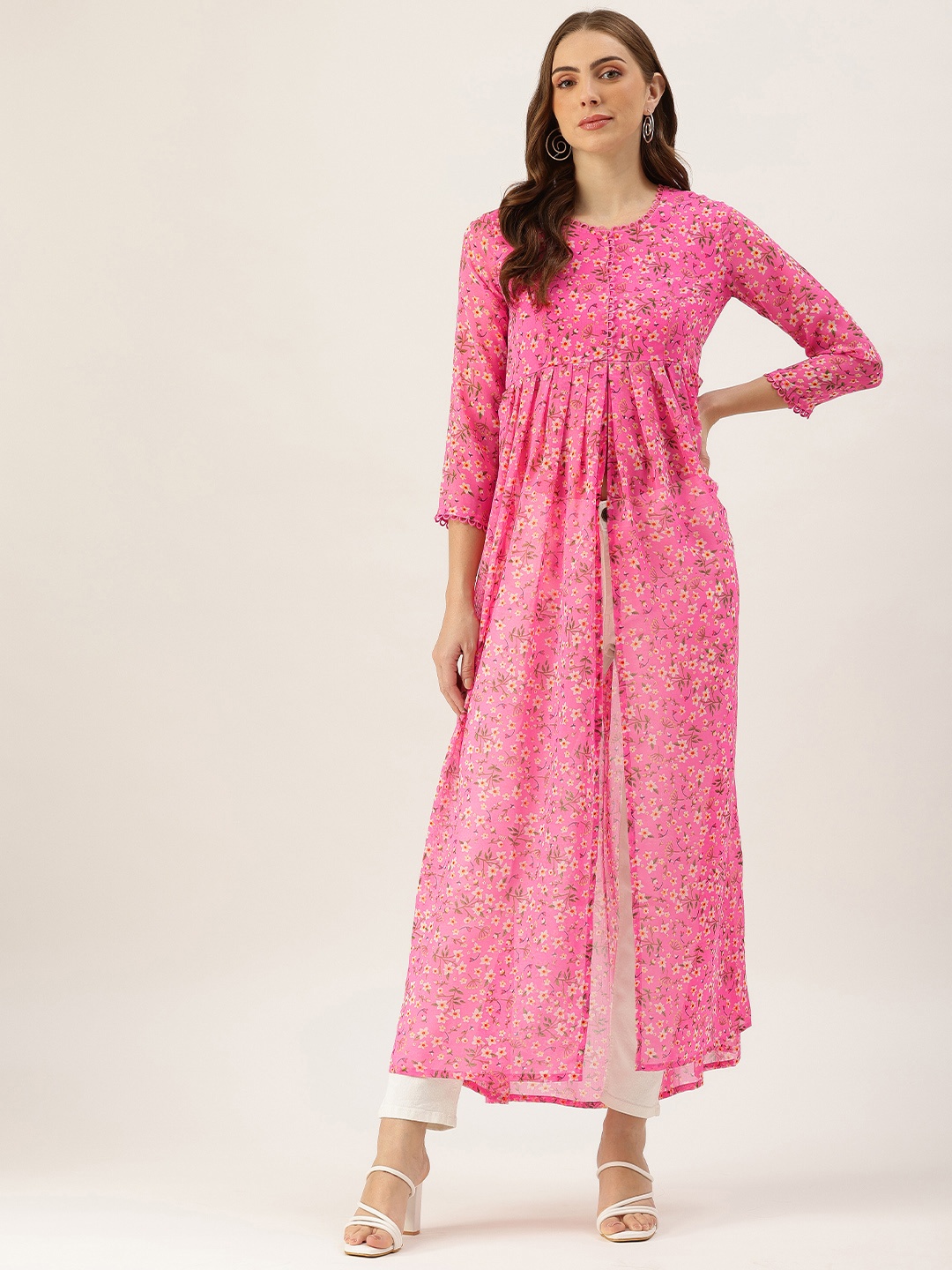 

ROVING MODE Floral Print Georgette Maxi Longline Top, Pink