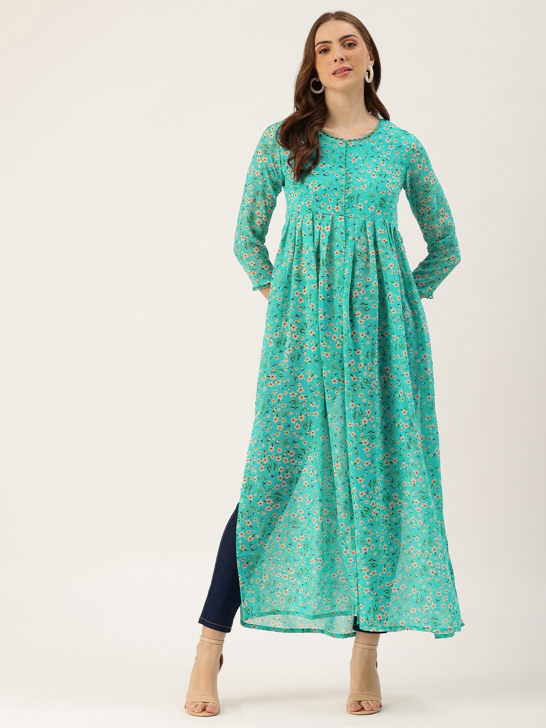 

ROVING MODE Floral Printed Georgette Maxi Longline Top, Sea green