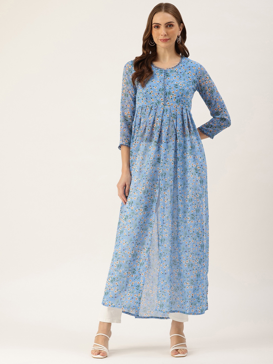 

ROVING MODE Floral Print Georgette Maxi Longline Top, Blue