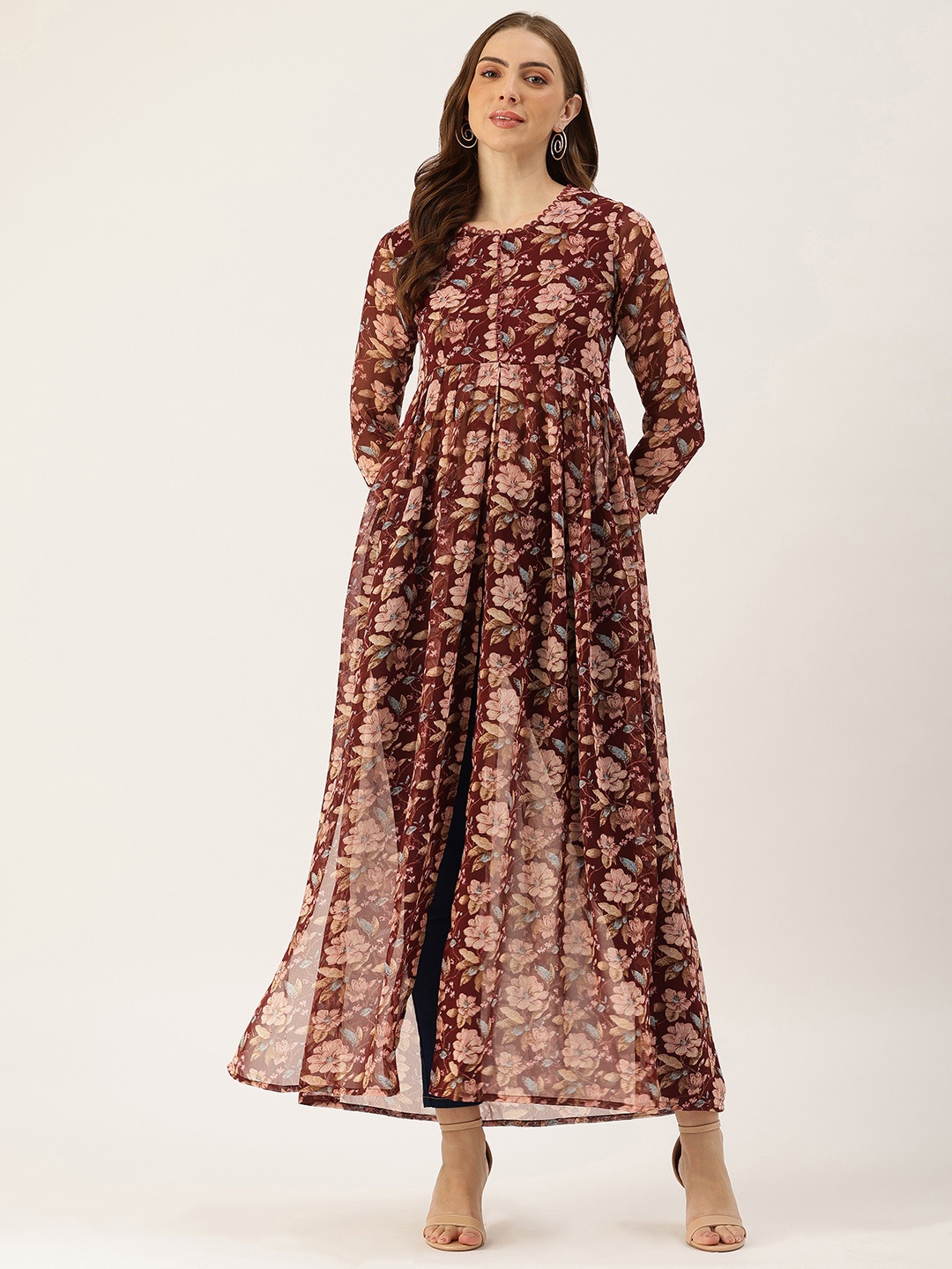 

ROVING MODE Floral Print Georgette Maxi Longline Top, Maroon