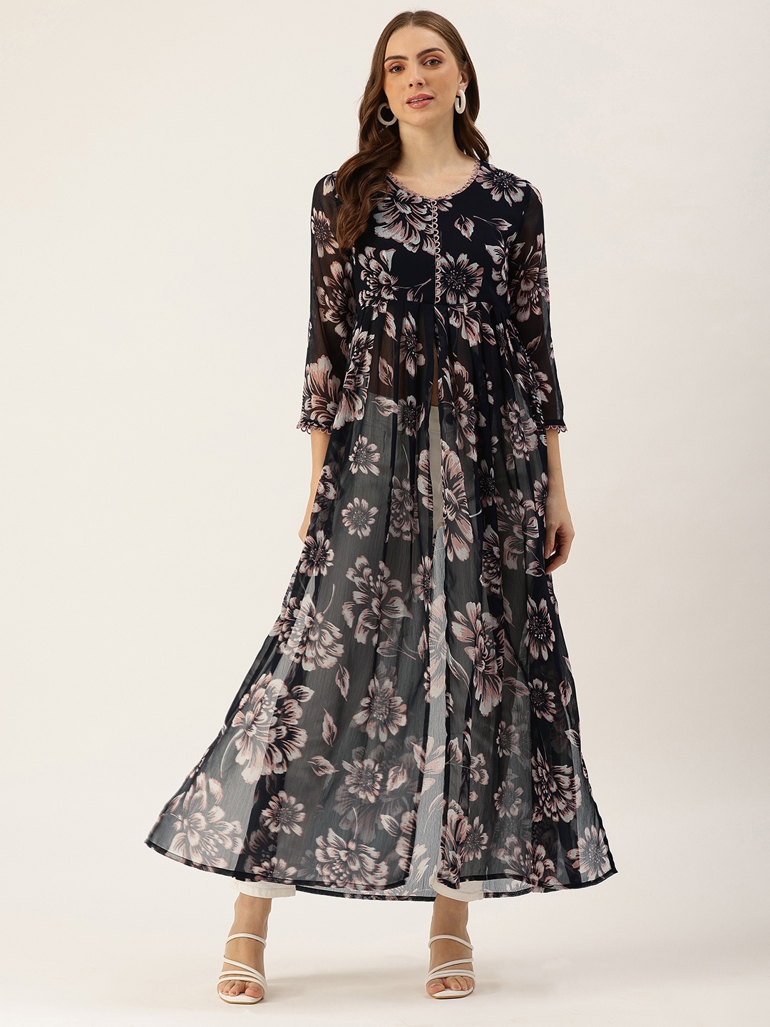 

ROVING MODE Floral Print Georgette Maxi Longline Top, Navy blue