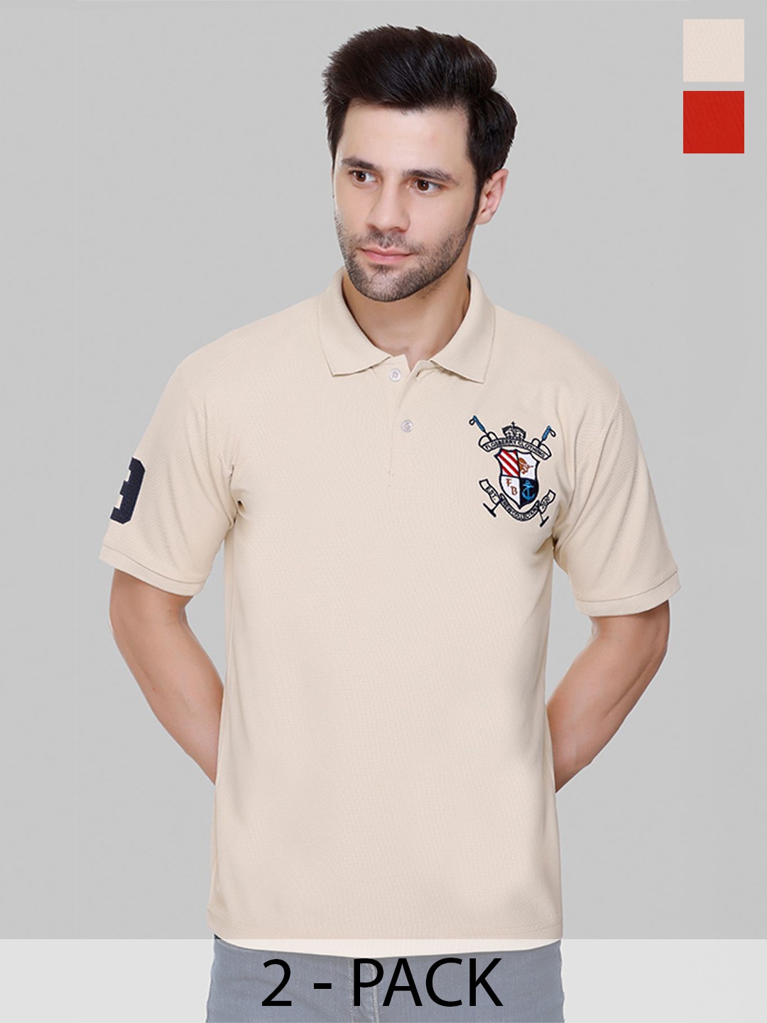 

FLOSBERRY Men 2 Polo Collar Applique T-shirt, Beige