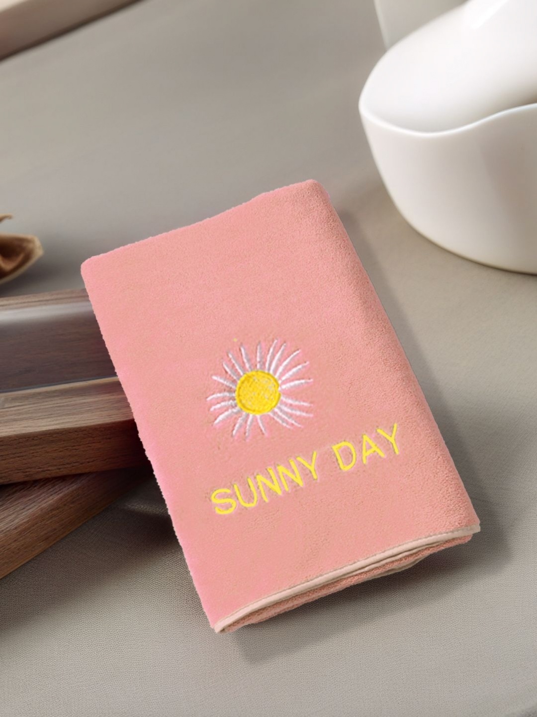 FABINALIV Peach-Coloured & Yellow 1 Printed Cotton 400 GSM Bath Towel
