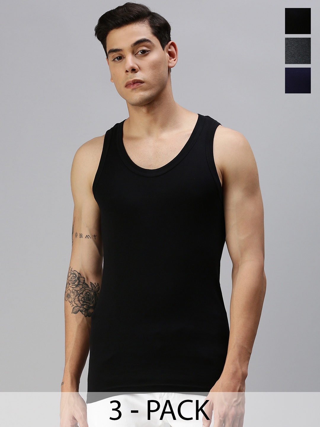 ONN Pack of 3 Cotton Innerwear Gym Vests ONN_131_AST4_3PC, Black