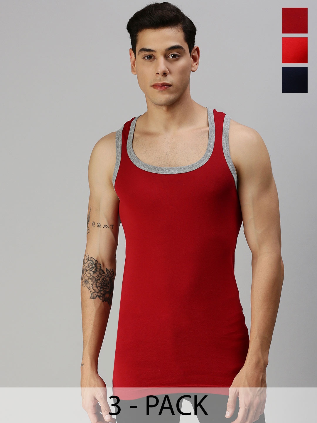 

ONN Pack Of 3 Square Neck Pure Cotton Gym Vests, Red